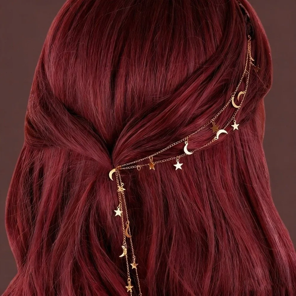 Vintage Moon Star Braided Hair Chain Tassel Fairy Headpiece Gold Silver Boho Hair Clip Party