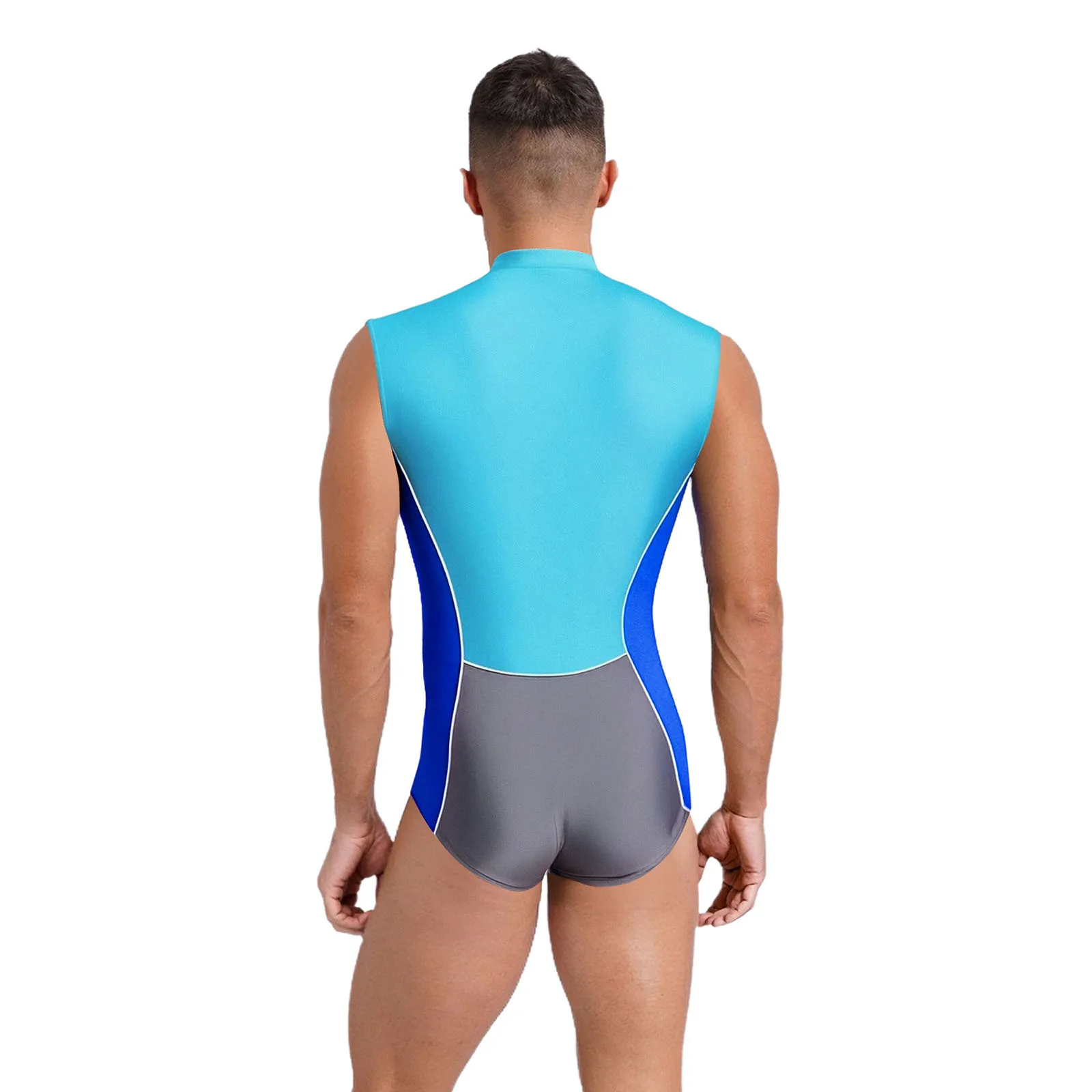 Einteiliger Badeanzug-Body für Herren, ärmellos, mit Reißverschluss vorne, Nummern bedruckt, Farbblock-Trikot für Radfahren, Laufen, Workout, Übung