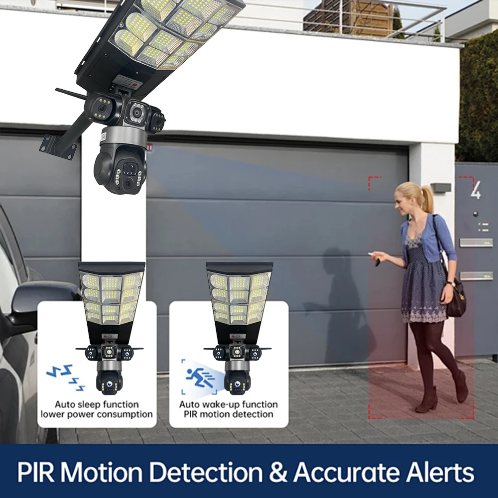 Outdoor 4G Solar Camera Triple Lens Waterproof PIR Human Detection Color Night Vision LED Street Light V380 Pro Remote Control