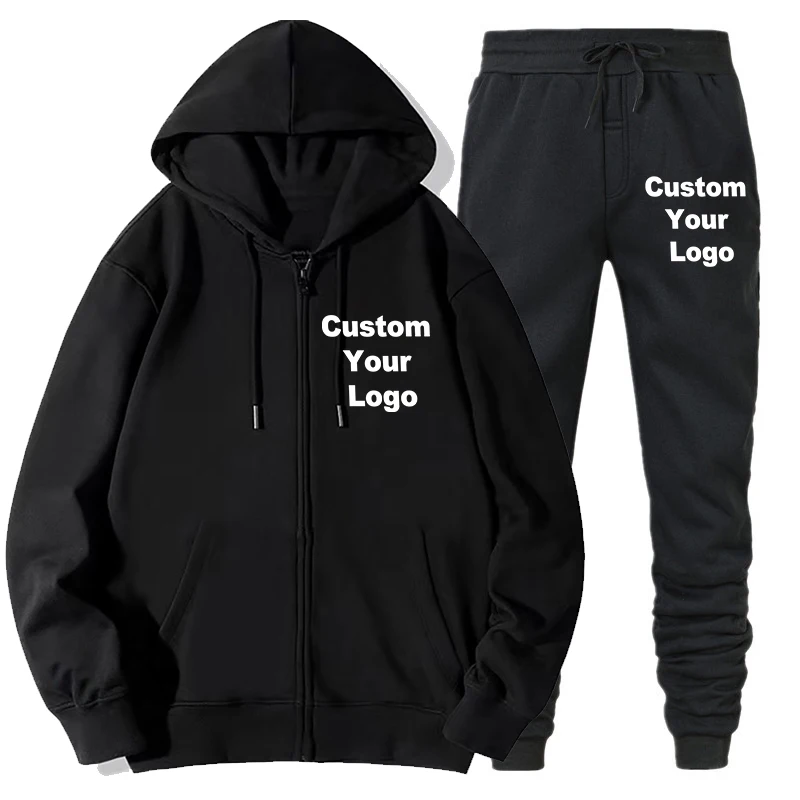 

Autumn Custom Logo Hoodie Set Men with Pocket Zipper Placket Solid Color Long Sleeve Cozy Stylish Set