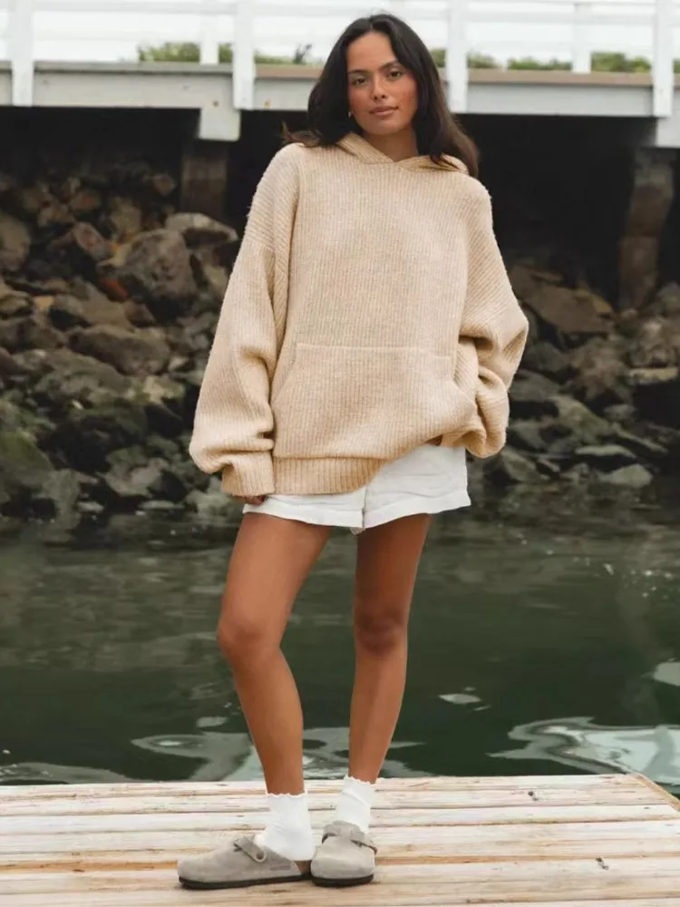 Autumn Woman's Fashion Knitted Pullover Casual Solid Color Hooded With Pockets Loose Sweater Lady Winter Comfort Warm Sweaters