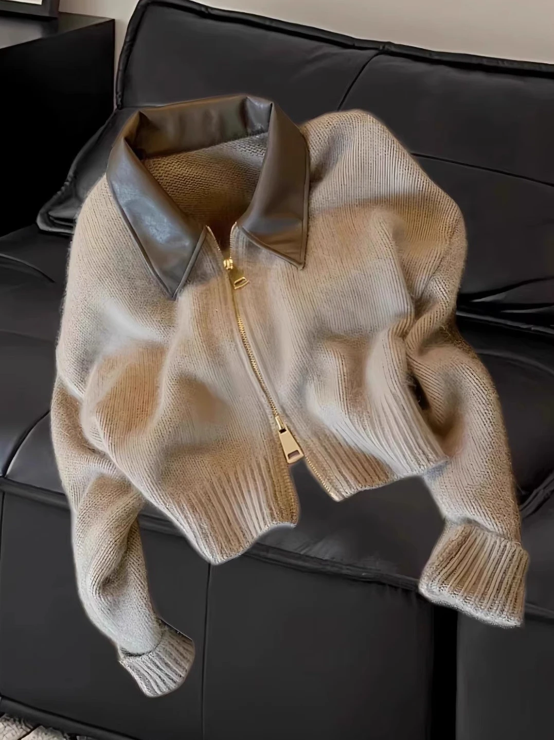 

Elegant Collar Splice Knitted Open Cardigan Double Zipper Lazy Style Bear Velvet Sweater Jacket Women's Fashion Outerwear