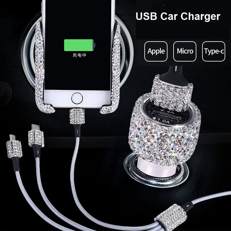 Dual-USB-Autoladegerät für Handy, Tablet, GPS, Schnellladegerät, Crystal Diamond Phone 3, Datenleitungskabel im Zigarettenanzünder, Amagi