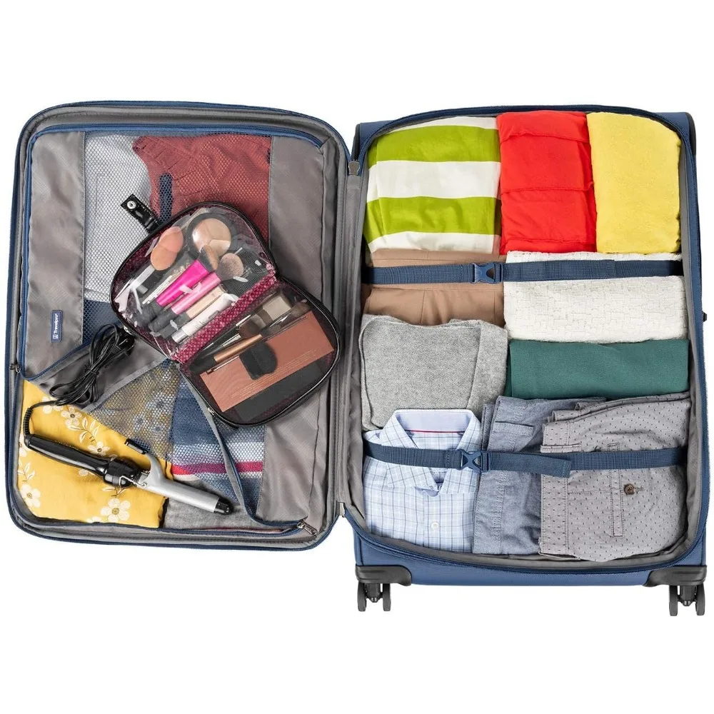 Lightweight Expandable 29 Inch Suitcase with 4 Spinner Wheels, Large Checked Luggage, Blue Softside Travel Bag