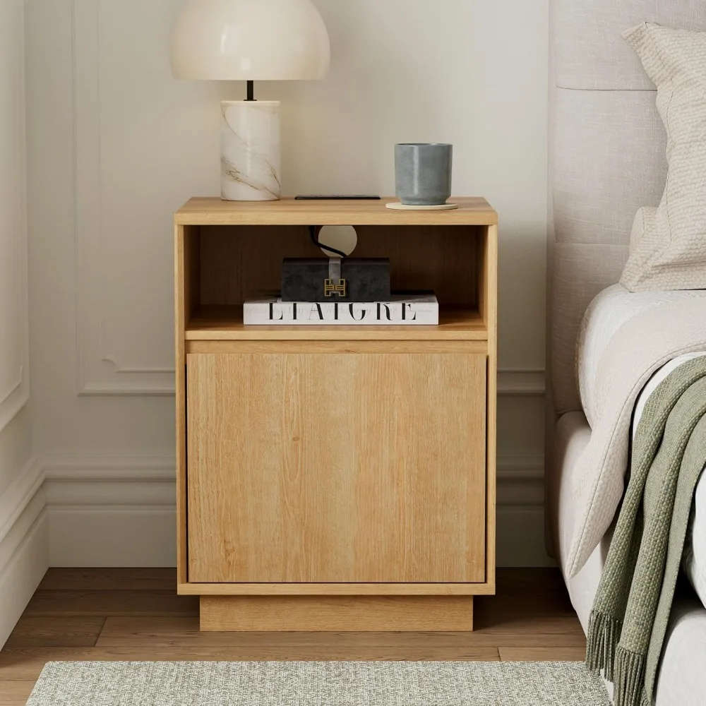 

End Table with Charging Station, Modern Nightstands with Handless Design and Open Shelf, Bedside Tables for Bedroom, L