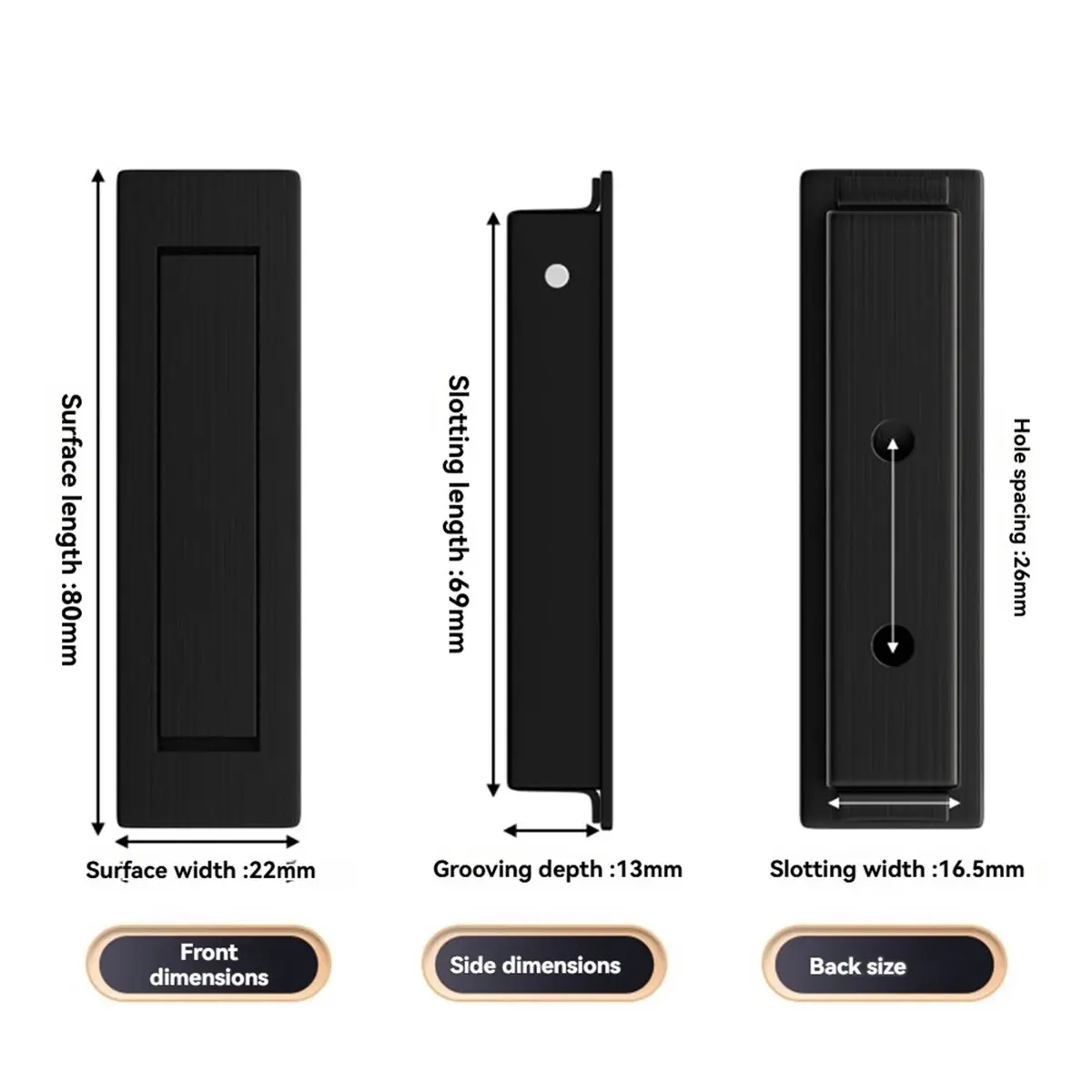 Pocket Door Handles and Edge Pull Matte , Handles Hardware Latch,Recessed Finger Flush Pulls 3pcs Black