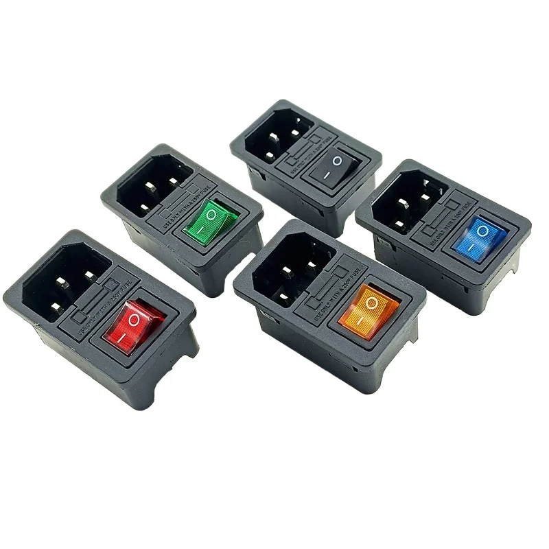 10pcs Red Rocker Switch Fused IEC320 C14 Inlet Power Socket with10A Fuse 3 pin Switch Connector Plug Connector Red Green Blue
