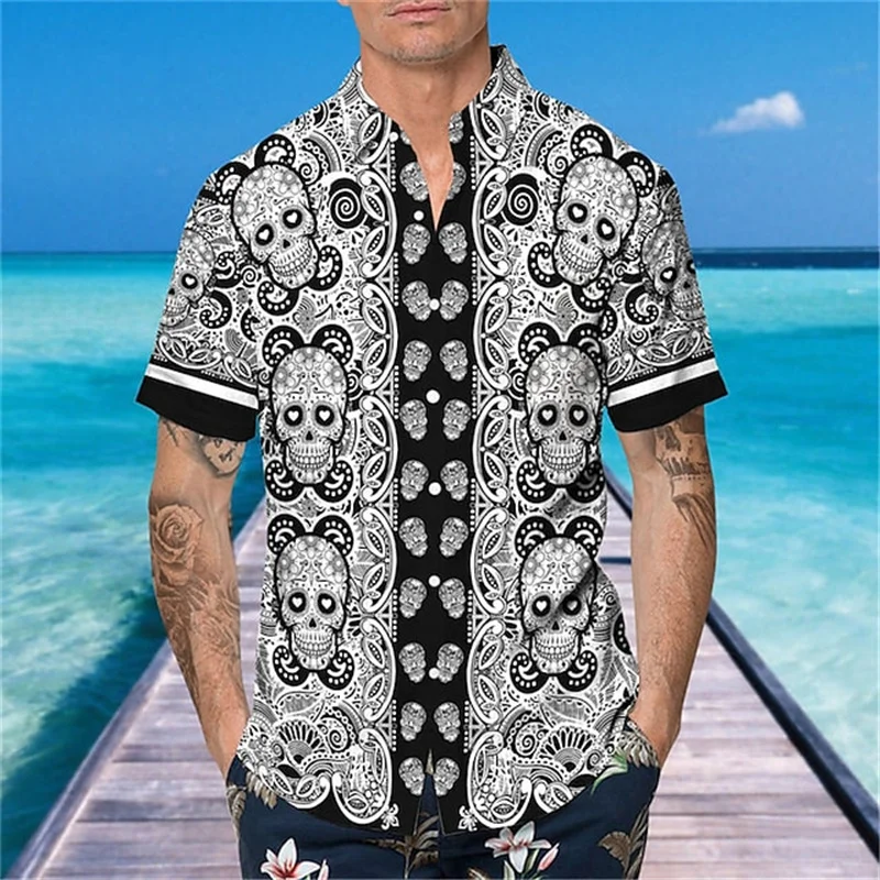 Men's Skull Print Shirts Beach Vacation Casual Shirt 2023 Summer Short Sleeve Shirts Men's Polo Neck Trendy Comfortable Shirts