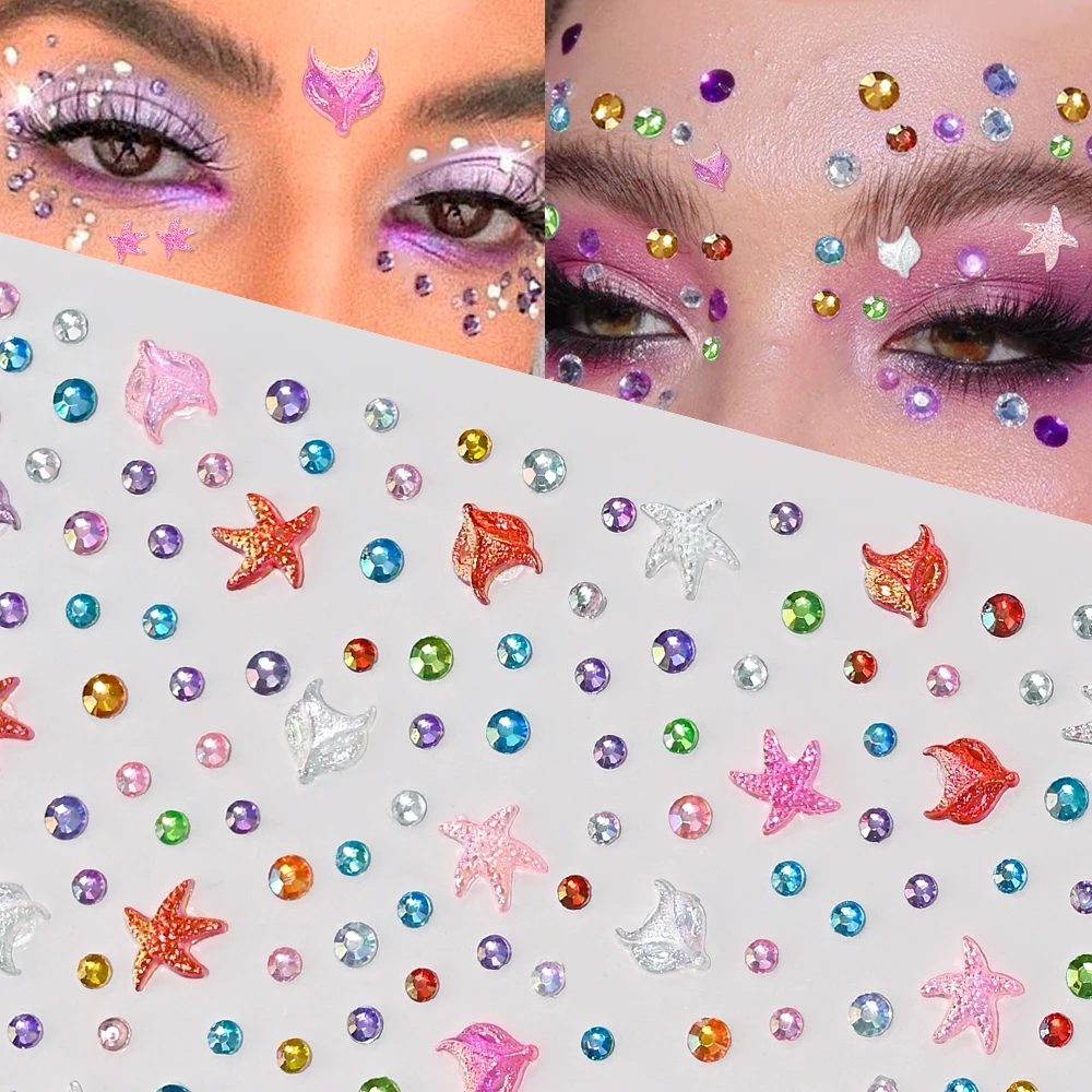 

1PC 3D Colorful Rhinestone Starfish Face Diamond Sticker Festival Music Concert Face Makeup Temporary Decal Body/Eye/Nail Decals