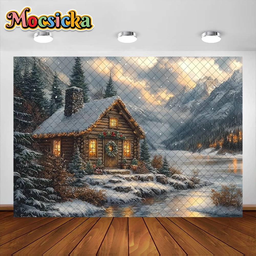 Fondo de fotografía de cabina de Navidad, suministros de decoración de río de montaña al aire libre, telón de fondo de vacaciones para adultos y niños, accesorios de estudio