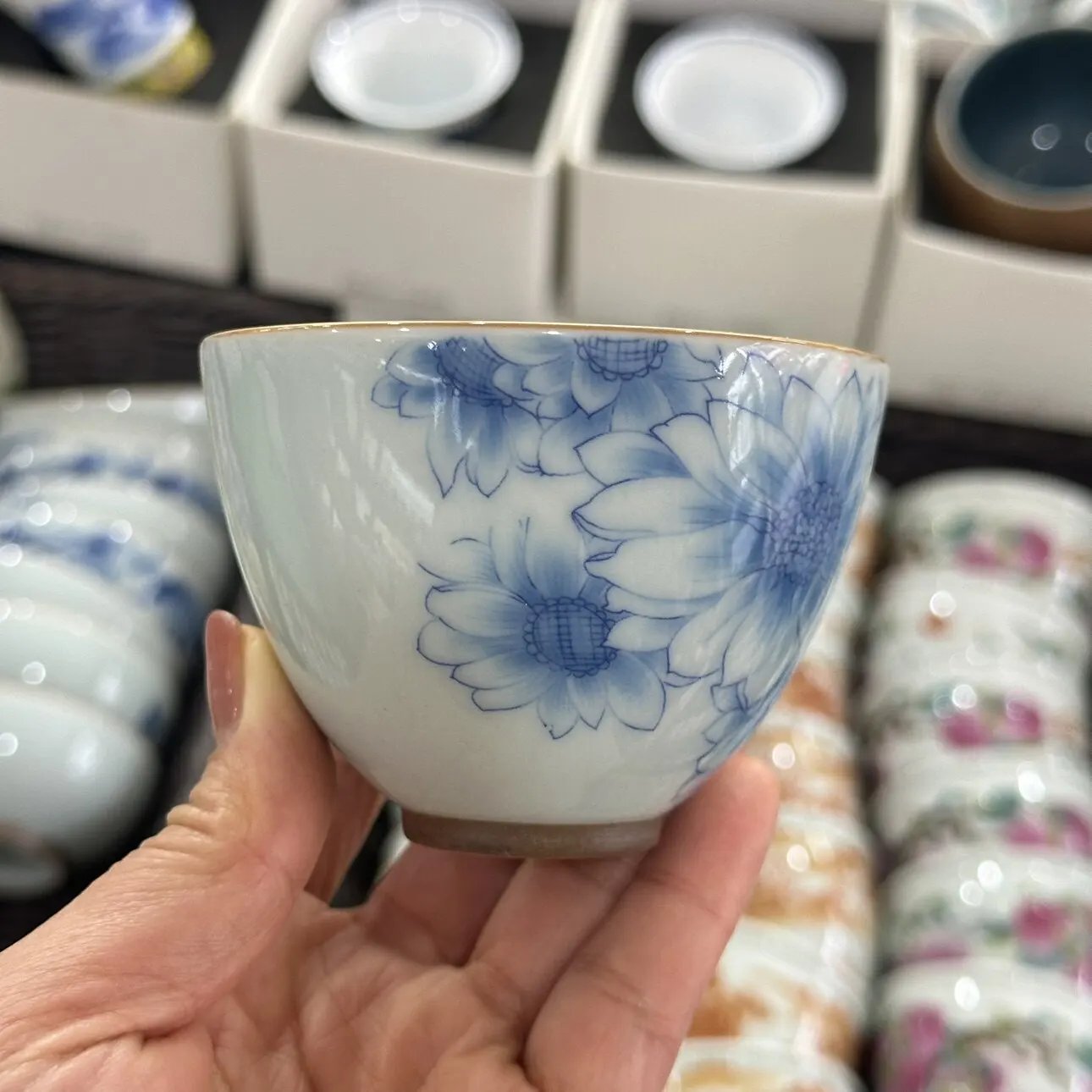 Blue and White Tea Tasting Cup Personal for Women Cup Small Vintage Ceramic SUNFLOWER Tea Cup Set