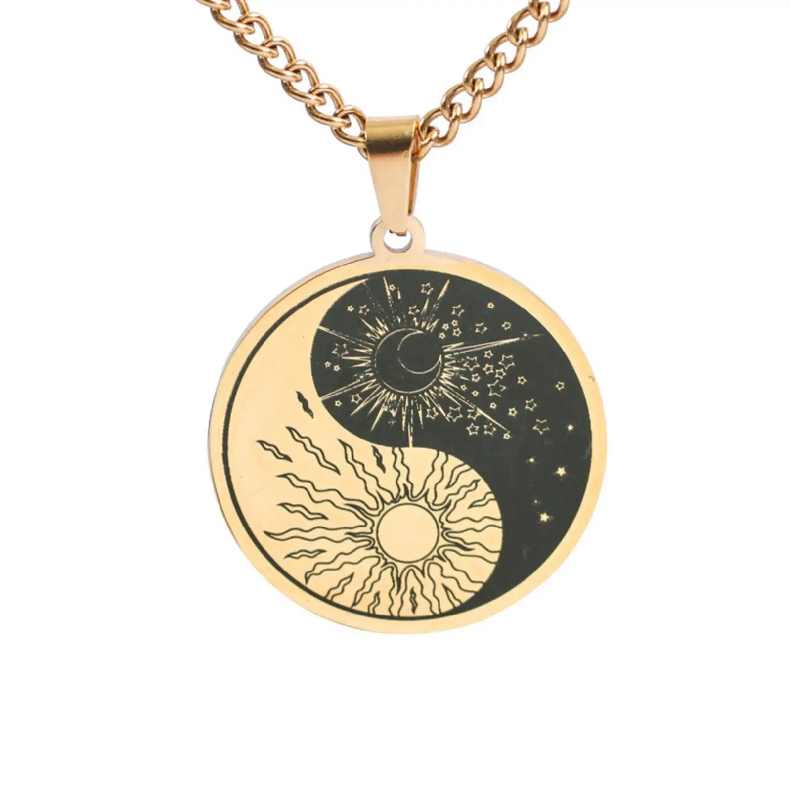 Yin Yang Sonne Mond Stern Anhänger Halskette Edelstahl Runder Anhänger Modeschmuck Geschenk für Frauen Männer – Detail 2