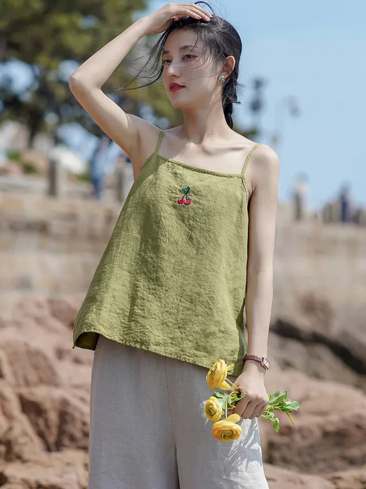 Cherry Embroidery Linen Cami Tops Women Fruit Spaghetti Strap Tanks Summer