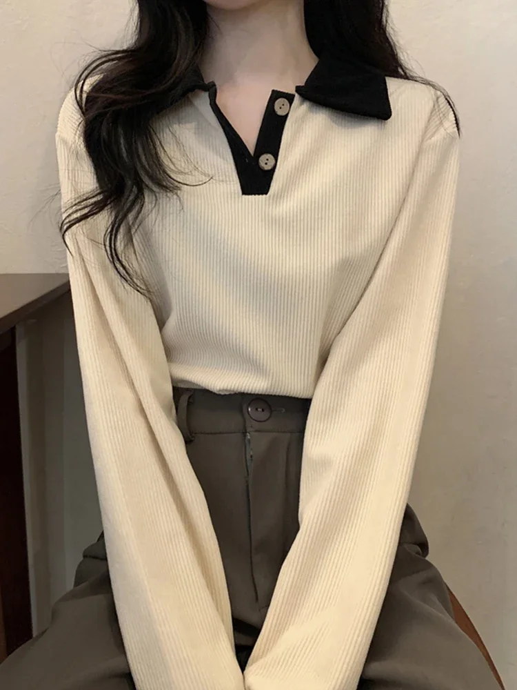 Korean Fashion T-shirts Women Autumn Long Sleeve Turn Down Collar Tops Female Sweet Preppy Style Casual All-match Pullovers Tees