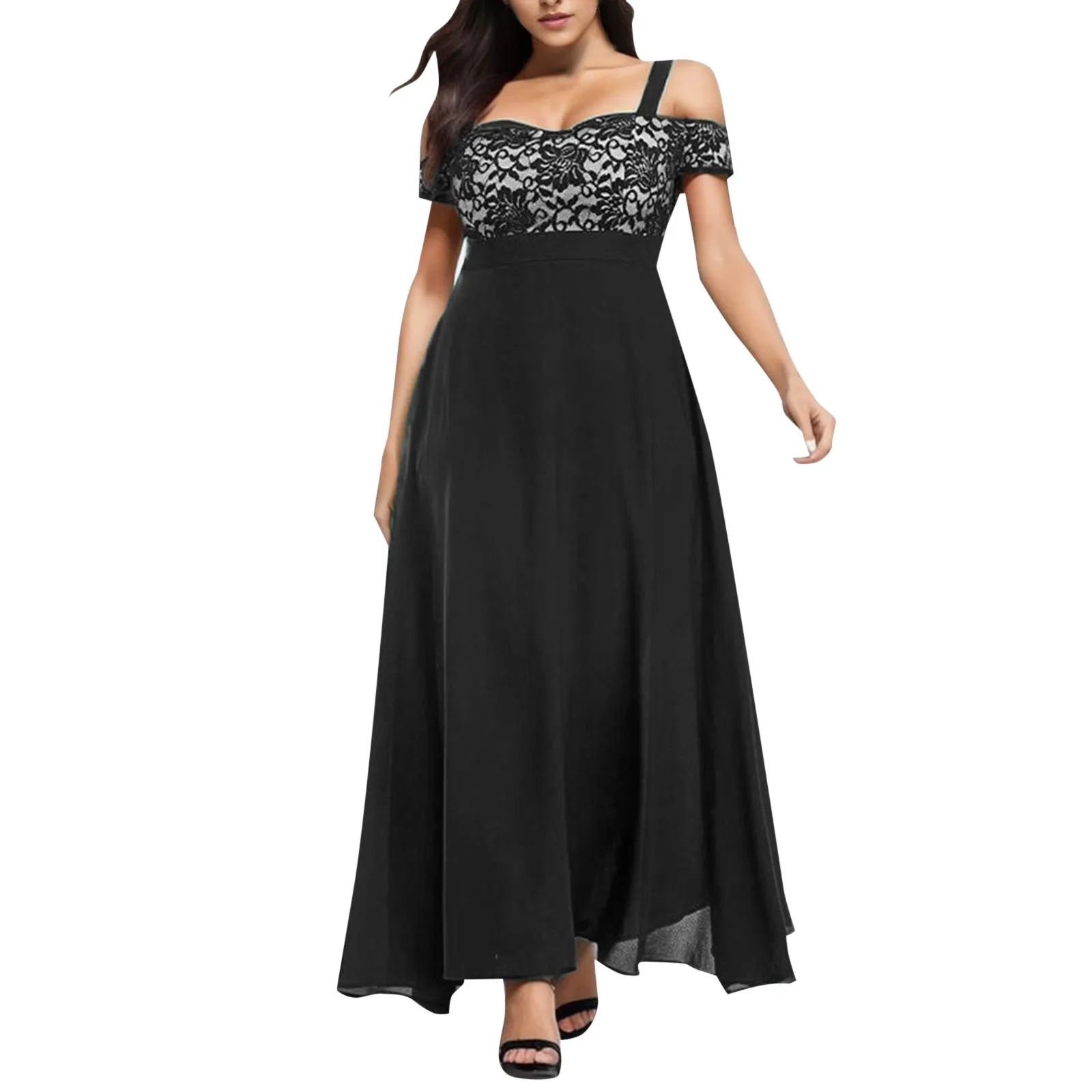 

New Fashion Simple Versatile Clothing Plus Size Cold Shoulder Floral Lace Maxi Party Evening Long Dress For Women Summer 2024