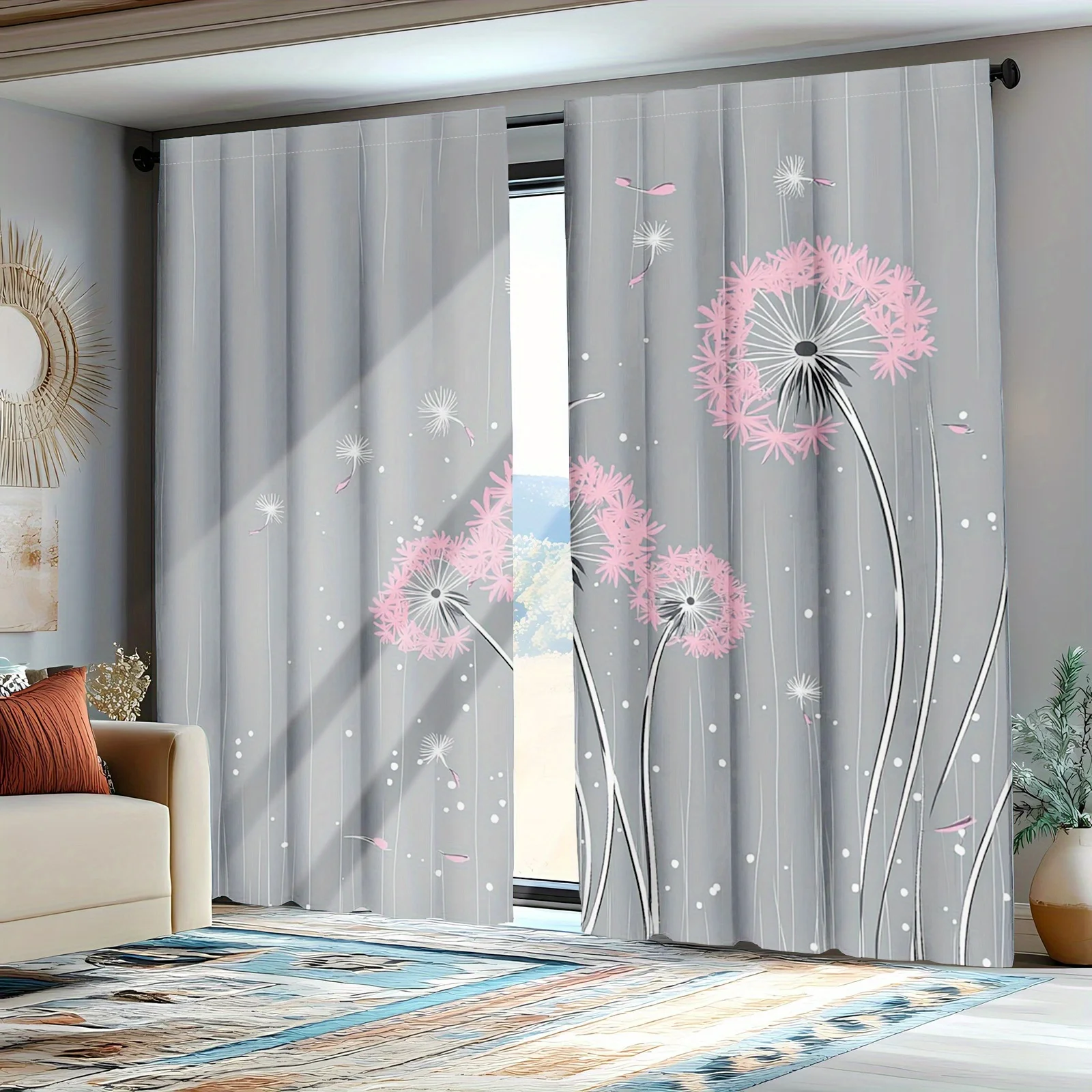 2 Panels Grey Pink Dandelion Print Curtains, Floral Nature Pattern Polyester Drapes for Bedroom Living Room, Romantic Window