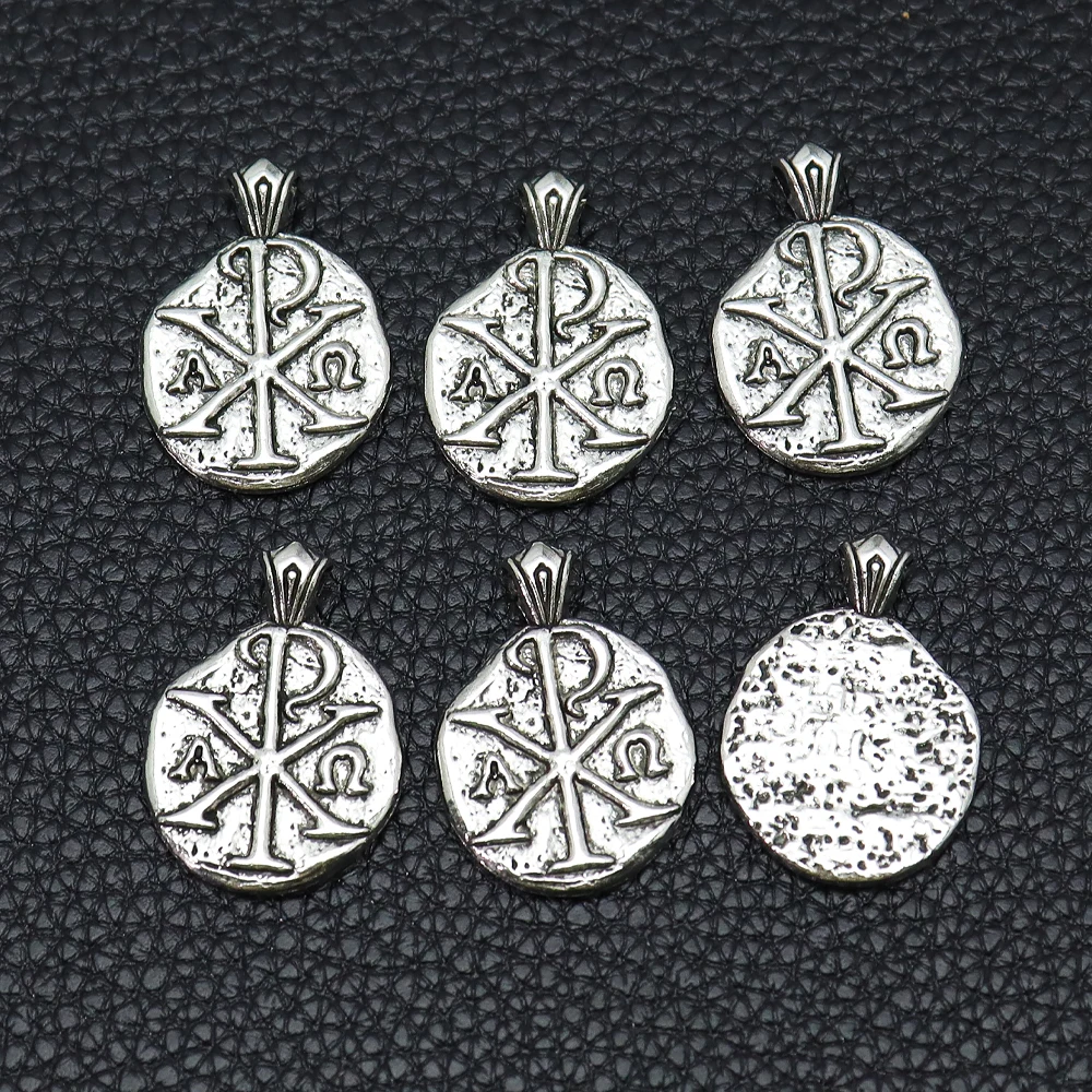5pcs Vintage Chi Rho Pendant Antique Silvery Alloy Alpha Omega Christian Symbol Necklace Charm for Religious Jewelry Making