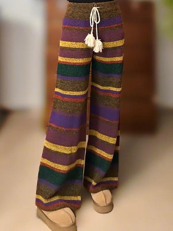 

Новые весенние модные брюки с цветными полосками и высокой талией, повседневные, женские, прямые, вязаные, в стиле ретро, для похудения