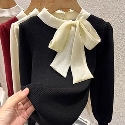 2024 Autumn New Bow Splice knit For Women's Long Sleeves Unique Design Sense Tops Ladies Trendy Black Elegant Slim Tees