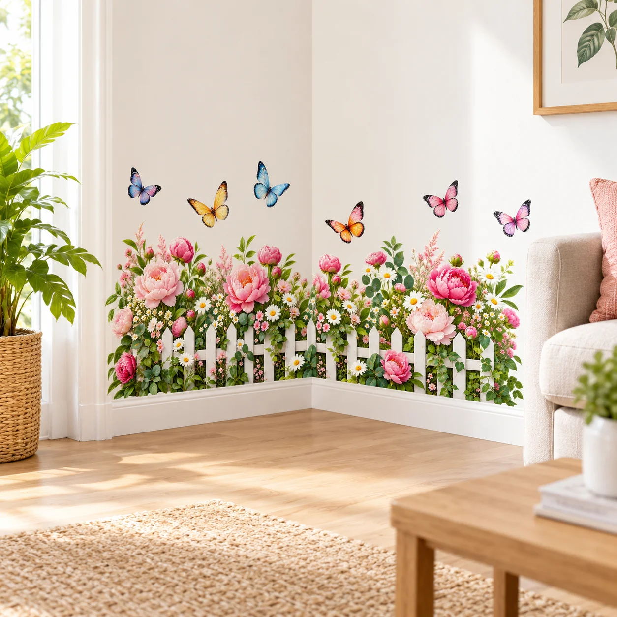 Flower Wall Decals Pink Peony Daisy Butterfly White Picket Fence Baseboard Sticker Living Room Bedroom Home Decor