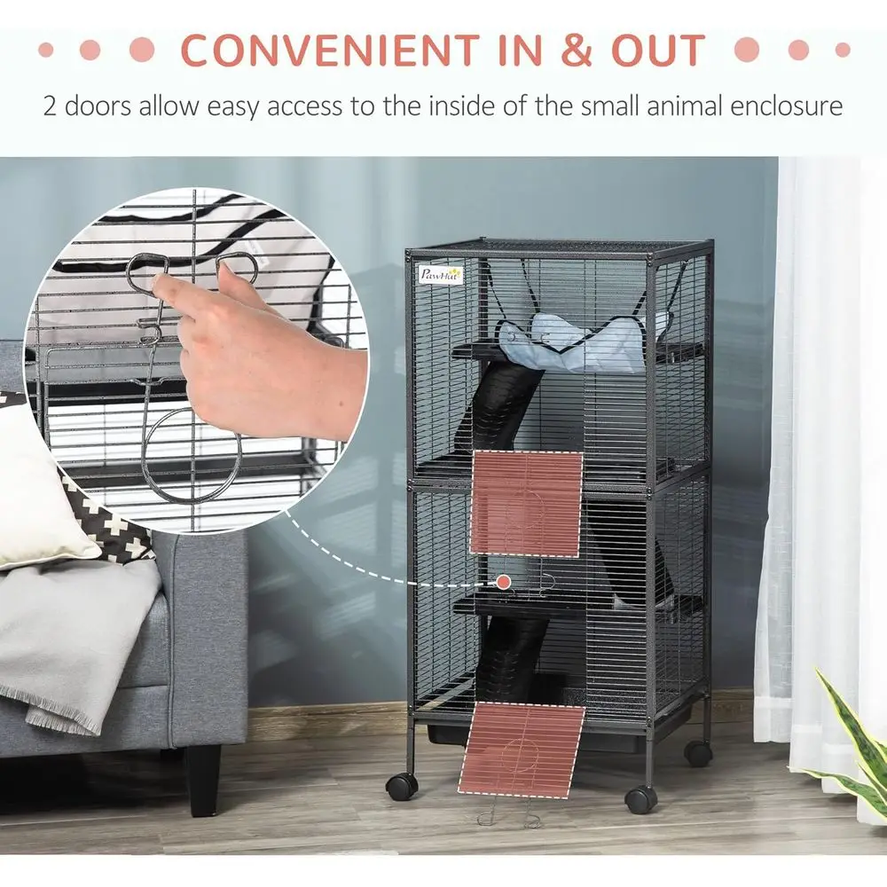 소동물 케이지, 4단 롤링 빅 에레트 케이지, 해먹 포함, 탈착식 트레이, 친칠라, 슈가 글라이더, 그레이 토끼에 적합