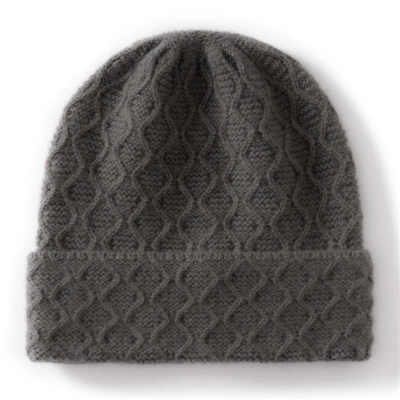 2025 خريف شتاء جديد 100% الكشمير محبوك قبعة موجة نمط تنوعا بلون مريح دافئ سدادات حماية الأذن قبعة