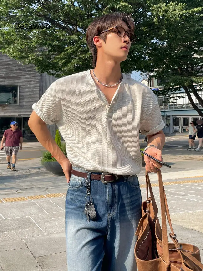 Mature Style Henley Short Sleeve T Shirt For Men Summer Loose Versatile Tee Korean Commuting Outfit Soft Gentle Vibe For Everyd