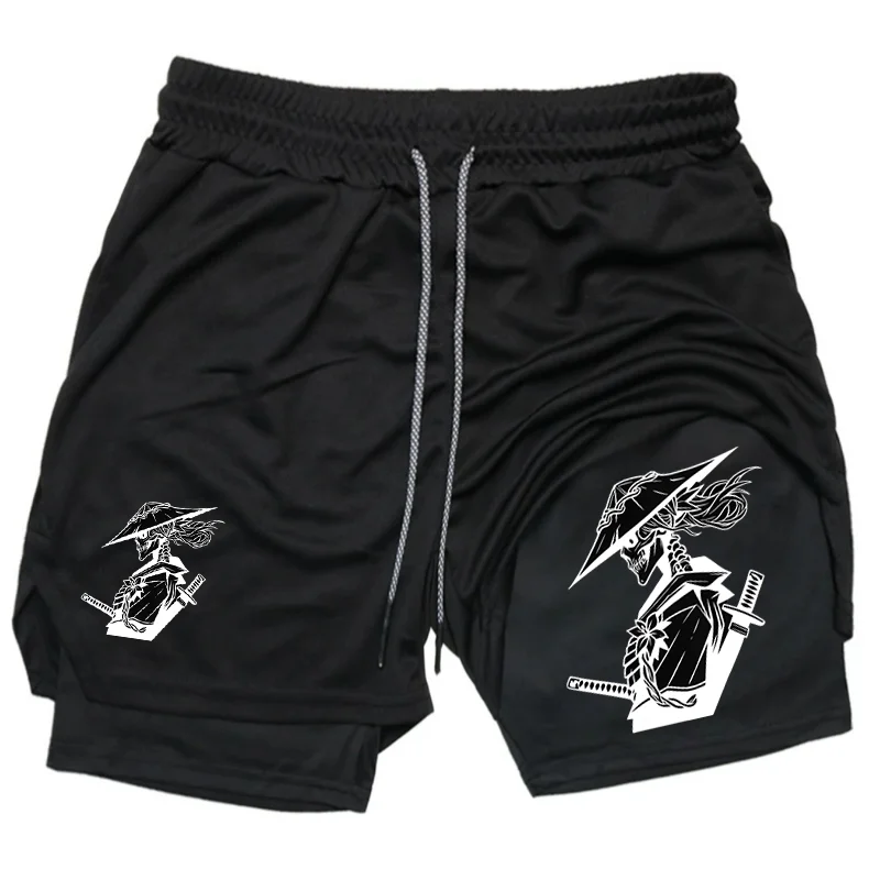 Skeleton Warrior Print Performance-Shorts für Herren, 2-in-1-Laufshorts, Training, Yoga, Fitness, Sportbekleidung, Workout-Shorts mit Taschen