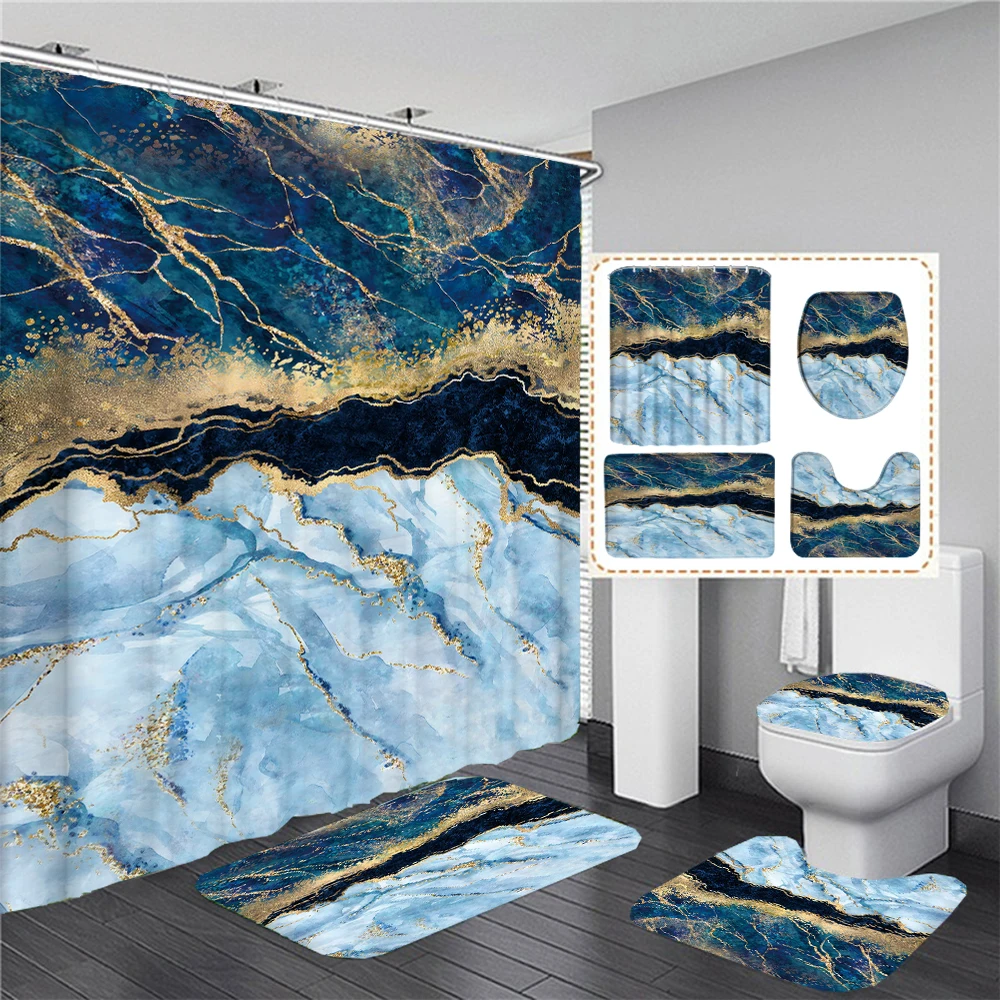 

Abstract Marble Shower Curtain Set with Hooks Non-slip Carpet Bath Mats And Toilet Cover Modern Gold Texture Bathroom Curtains