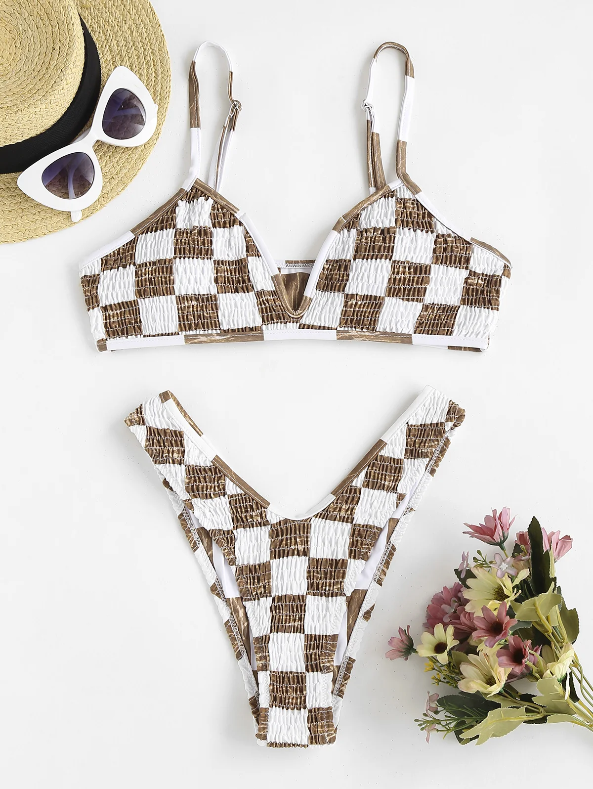 Costume da bagno bikini a gamba alta con cappuccio a V smock con stampa scozzese ZAFUL