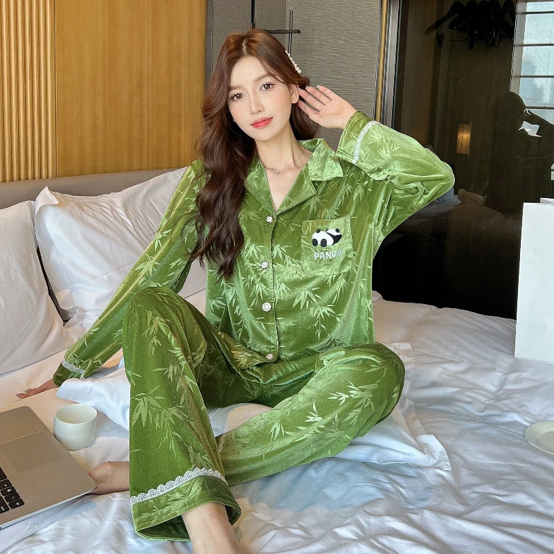 Cartoon Kawaii Panda & Bamboo Fleece Women\'s Pajamas Chinese Style Elegant Cute Print Sleepwear 2024 New Autumn/winter Home Set