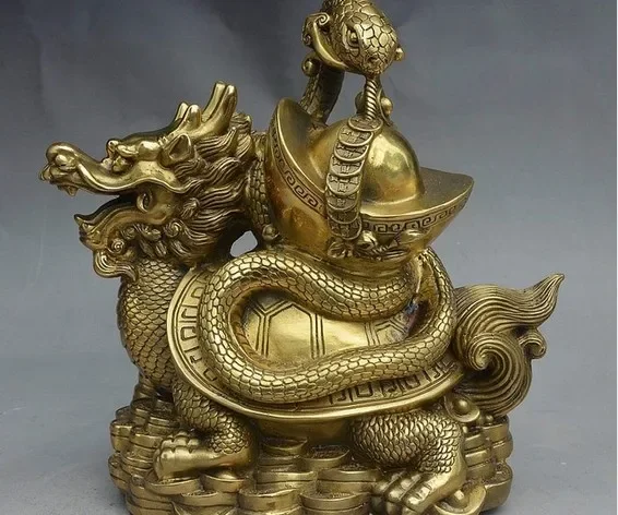 China FengShui Brass Dragon Turtle Longevity Tortoise Snake YuanBao Coin Statue