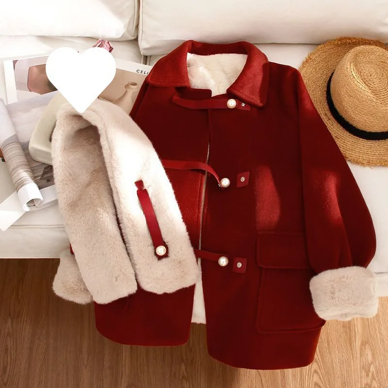 

New Year's red small woolen coat women's winter clothing new scarf velvet thickened medium and long woolen coat women's