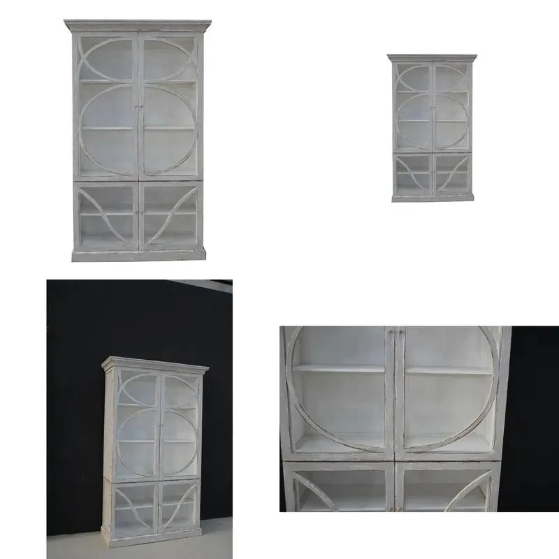 Antique Solid Wood White Glass Display Cabinet Living Room Bookshelf