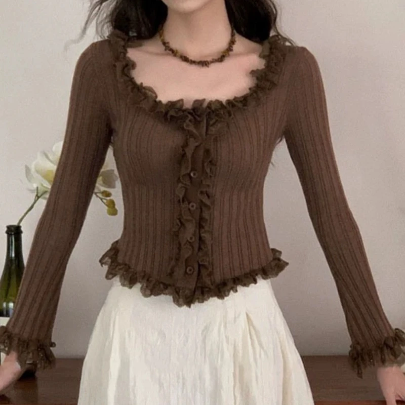 Suéter con volantes para mujer, manga larga, corte entallado, Top de punto acanalado, jersey para mujer, coqueta Fairycore Y2K Gyaru Shoujo, traje para niña