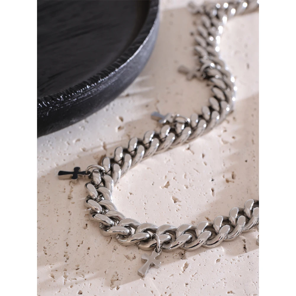 Yhpup 50cm Stainless Steel Classic Cuban Chain Cross Drop Men Necklace Thick Chain Metal Waterproof Texture Trending Jewelry