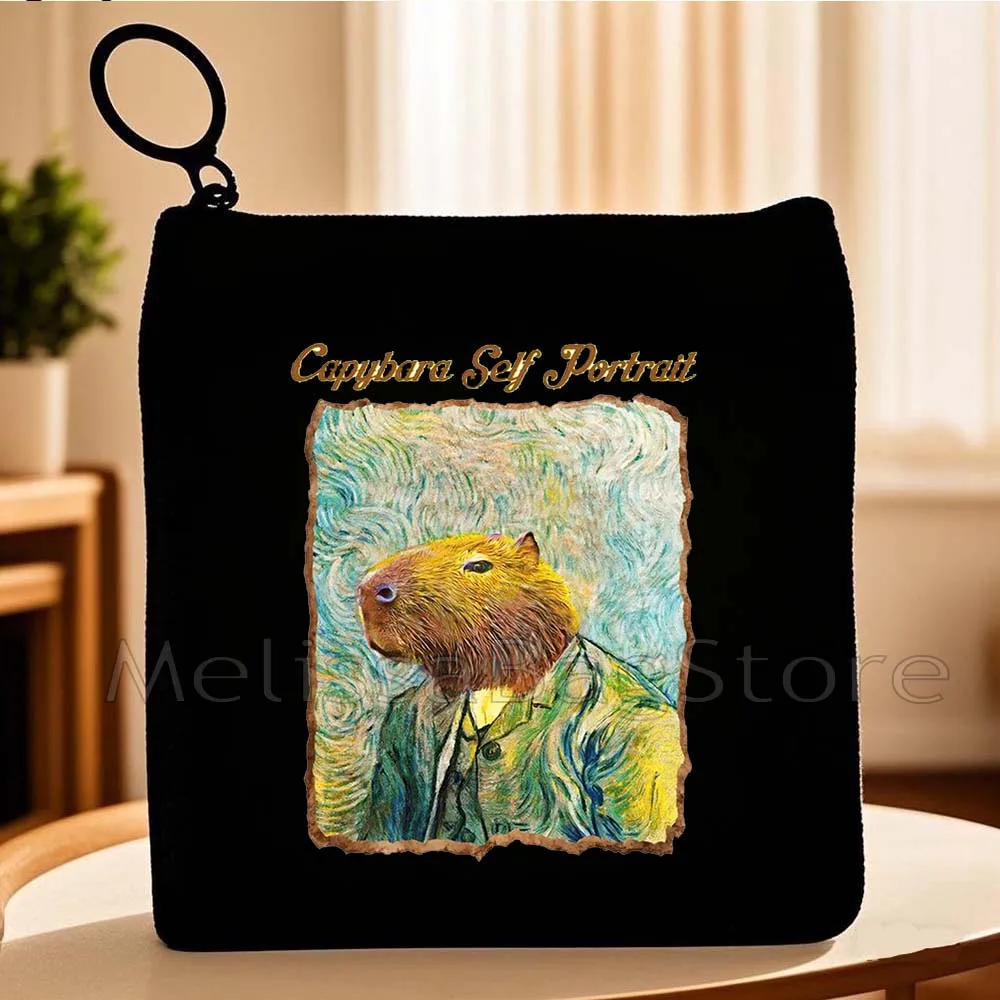 Cute Cartoon Capybara Animal Capybara with Daisy Flower Be Cappy Cotton Canvas Coin Purse Key Case Small Bag Wallet Zipper Pouch