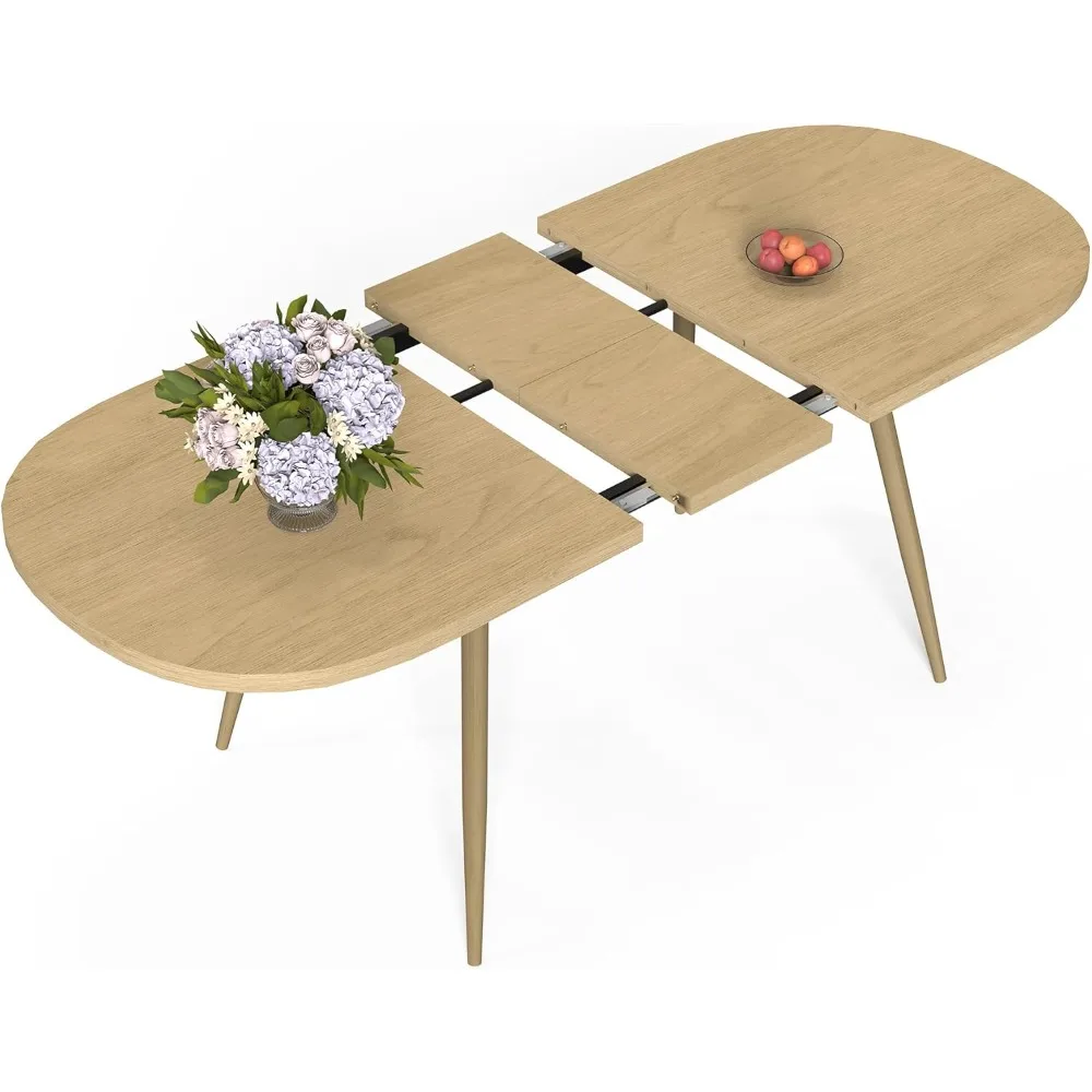 Mesa de comedor extensible para 6, mesa de cocina ovalada moderna con patas de metal elegantes, juego de comedor grande, grano natural