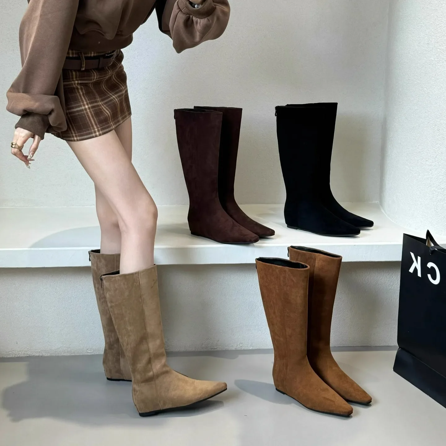 

Women's Flat Bottom Ankle High Boots Increased Height Inner Fall Winter New Style French Knight Boots Not over Knee