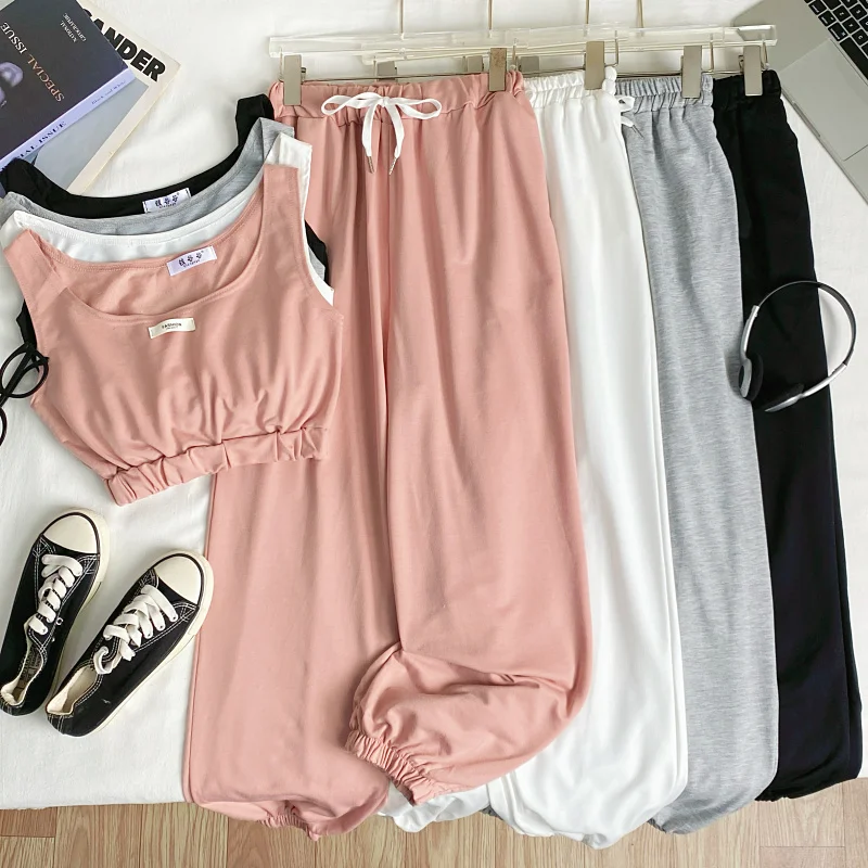 

Casual Versatile round Ne Letter Print Svel ort Tank Top with High Waist Wide Leg Pants Two Piece Set Women