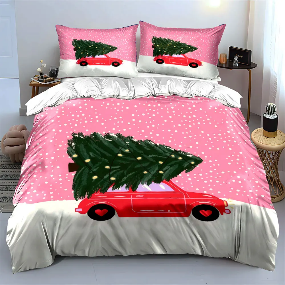 A red car carrying a lit Christmas tree in snowy scenery Print Duvet Cover Bedding Set Included 1*Duvet Cover 2*Pillowcases