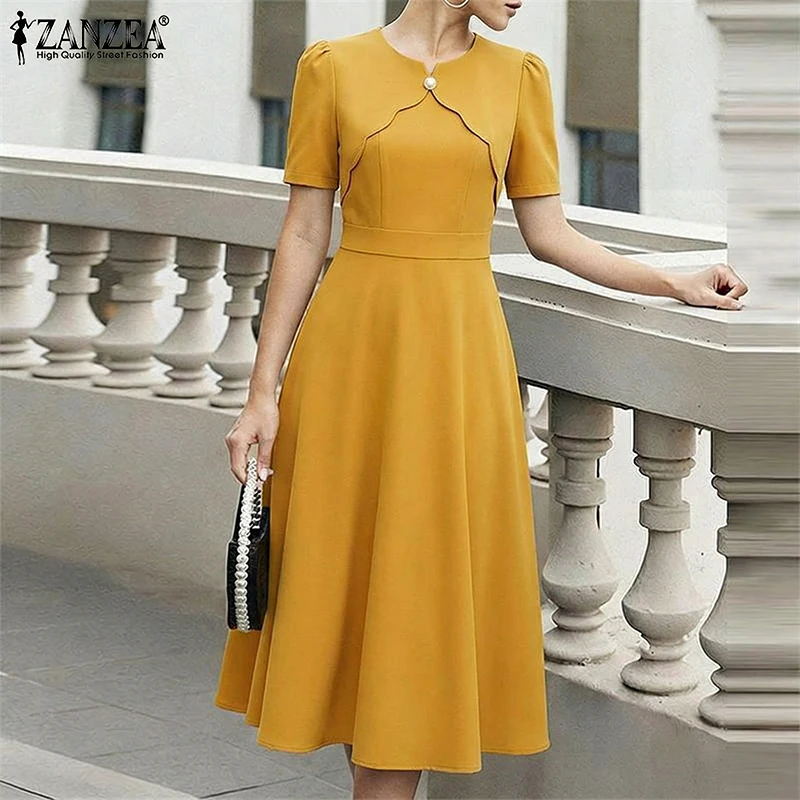 ZANZEA-Vestidos de fiesta elegantes de corte A para mujer, vestido veraniego por debajo de la rodilla para trabajo de oficina, bata de manga corta a la moda, Vestidos lisos para mujer 2026