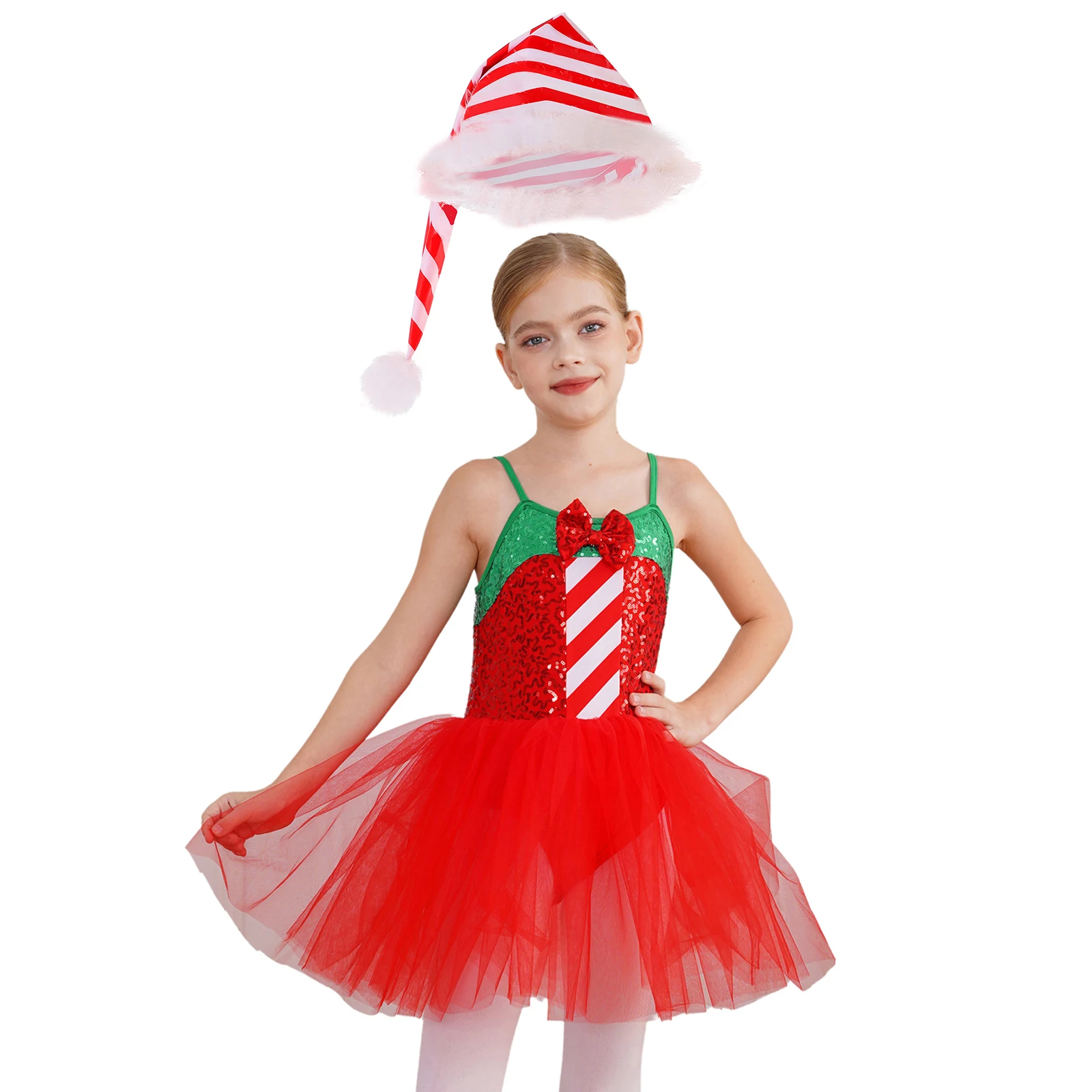 # 6-16 Kinderen Meisjes Kerstmis Nieuwjaar Juichende Jurk Set Pailletten Tutu Mesh Turnpakje Jurk met Hoed voor Vakantie Festival Feestjurk