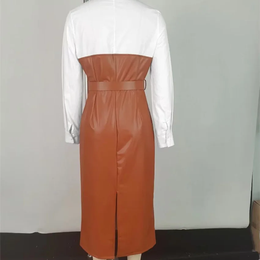 แฟชั่นอเมริกันยุโรปผู้หญิง Turn-Down COLLAR PU หนัง SASH Contrast สีแขนยาวข้อเท้าความยาวเสื้อชุดหญิง