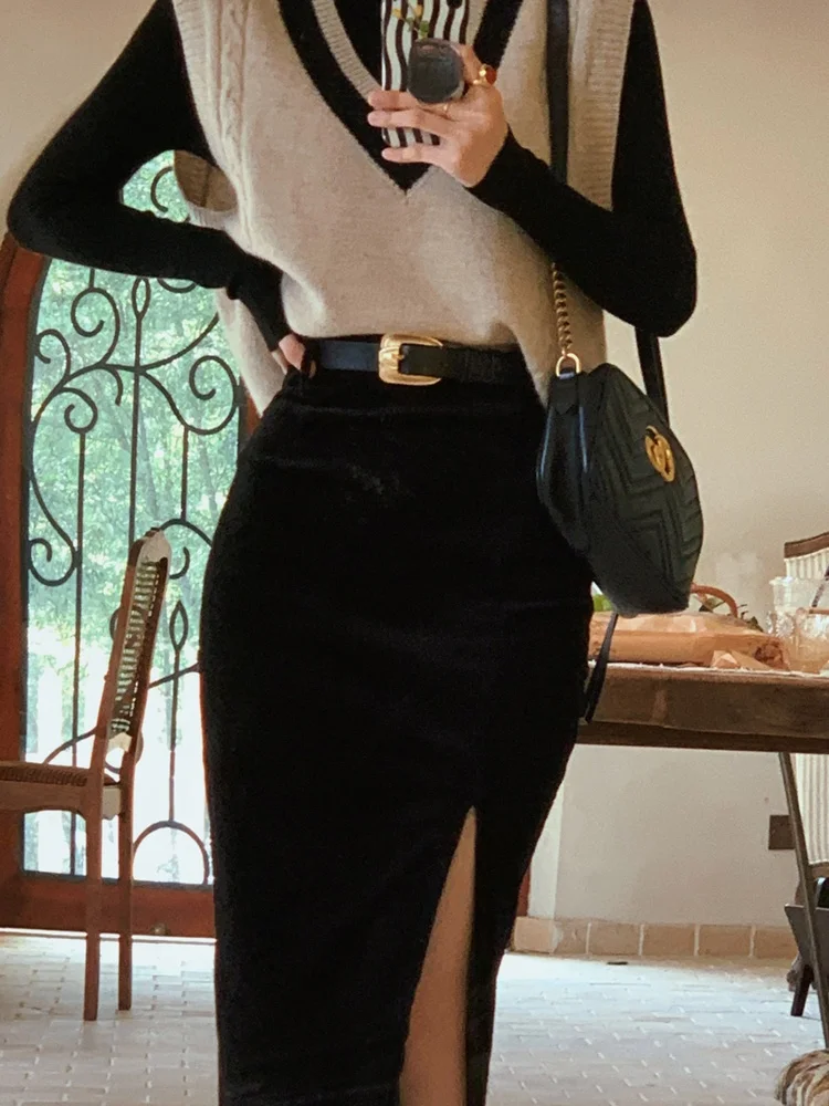 

Классическая юбка-трапеция из утолщенного вельвета с разрезом, коллекция Return Spring Edition, Гонконг, с высокой талией, для повседневной носки, полиэстер...