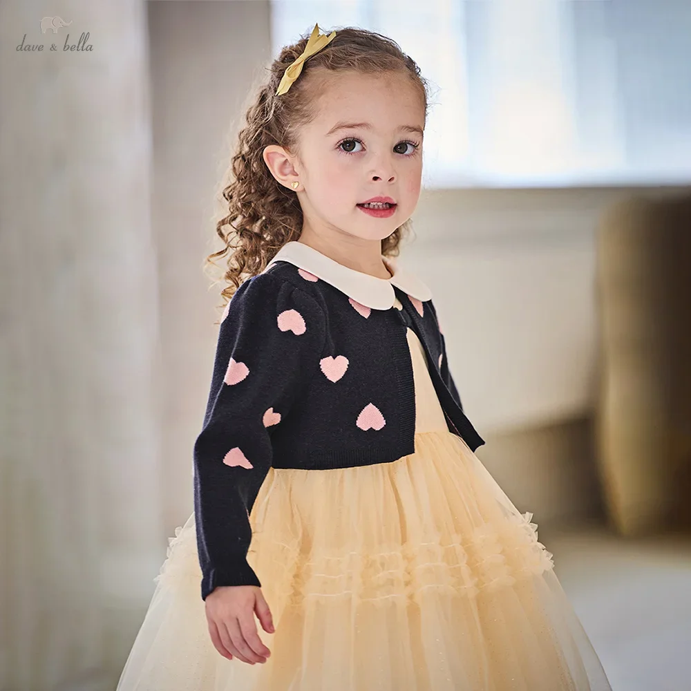 Dave Bella Girls' Sweater Dress Gentle Cute Children 's Love Print Fake Two Piece Baby Long Sleeve Dress Outdoor Party DB3253153
