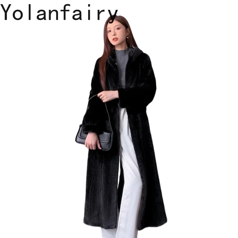 

YOLANFAIRY Natural Fur Coat Woman Luxury 2025 Mid-length Real Whole Mink Fur Jacket Hooded Warm Black Fur Coats Elegant Casaco
