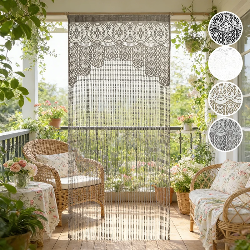 Vintage Lace Door Curtain Retro String Curtain for Doorway Semi Transparent Privacy Screen  Bedroom Living Room Room Divider