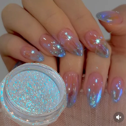 1 tarro de alto brillo, polvo de cristal de hadas para uñas, Auroras transparentes de hielo, lágrimas azules, brillo para uñas, polvo para frotar, brillo para manicura