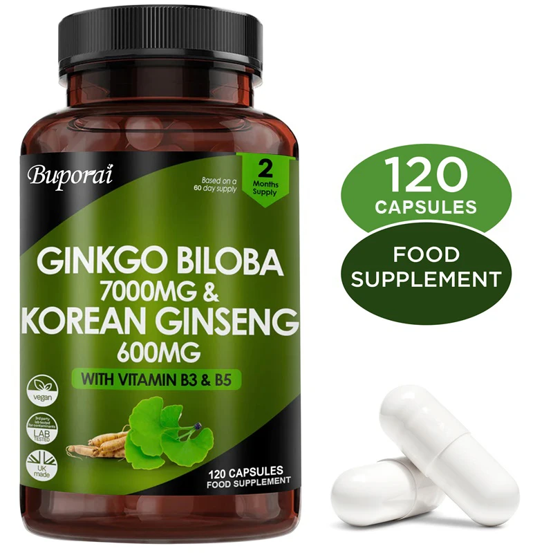 

Ginkgo Biloba and Korean Ginseng - Nootropic Brain Supplement, Memory & Concentration, Circulation & Energy Boost